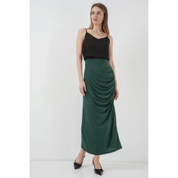 8035 Büzgülü Midi Etek  Zümrüt Yeşili