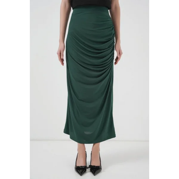 8035 Büzgülü Midi Etek  Zümrüt Yeşili