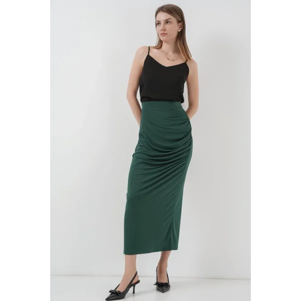 8035 Büzgülü Midi Etek  Zümrüt Yeşili
