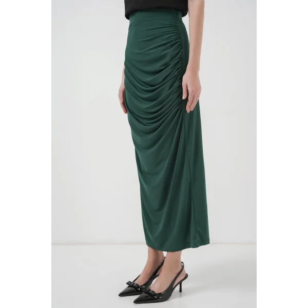 8035 Büzgülü Midi Etek  Zümrüt Yeşili