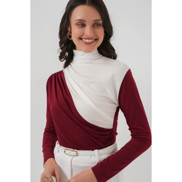9 Büzgü Detaylı Sandy Bluz  Bordo