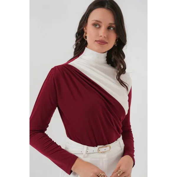 9 Büzgü Detaylı Sandy Bluz  Bordo
