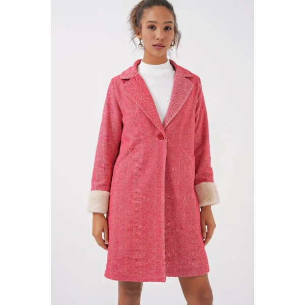 9085 Balık Sırtı Kaşe Kaban  B.Kırmızı