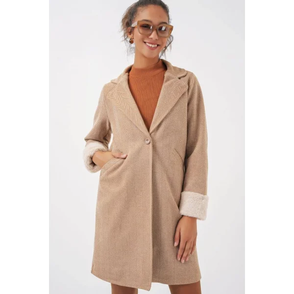 9085 Balık Sırtı Kaşe Kaban  Camel