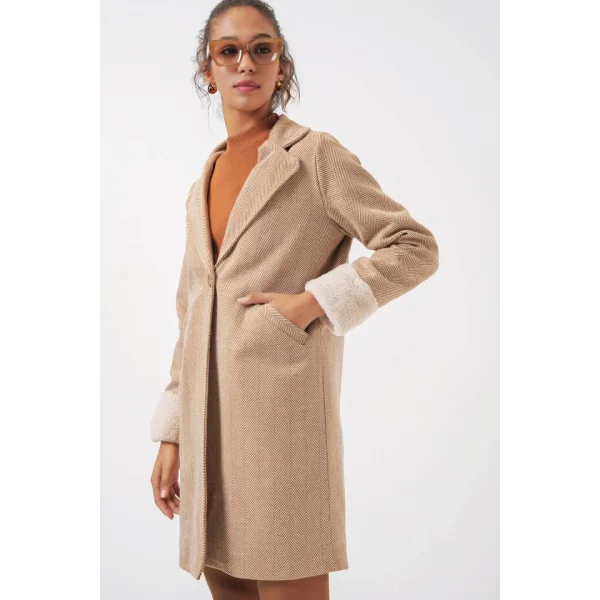 9085 Balık Sırtı Kaşe Kaban  Camel