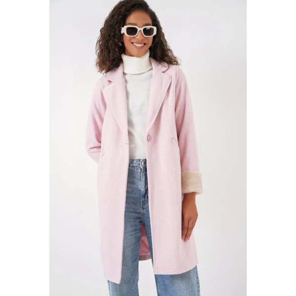 9085 Balık Sırtı Kaşe Kaban  Pudra