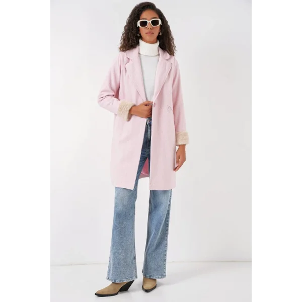 9085 Balık Sırtı Kaşe Kaban  Pudra