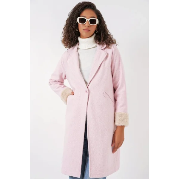 9085 Balık Sırtı Kaşe Kaban  Pudra