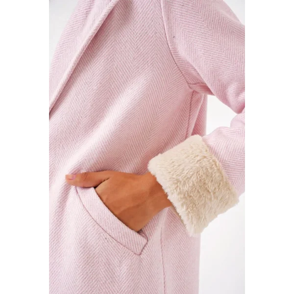 9085 Balık Sırtı Kaşe Kaban  Pudra