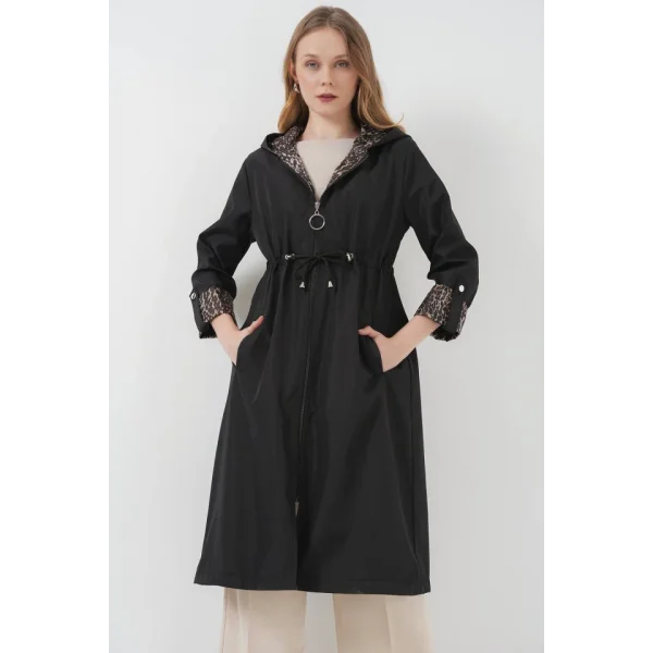 9091 Beli Büzgülü Kapşonlu Trençkot - Düz Siyah