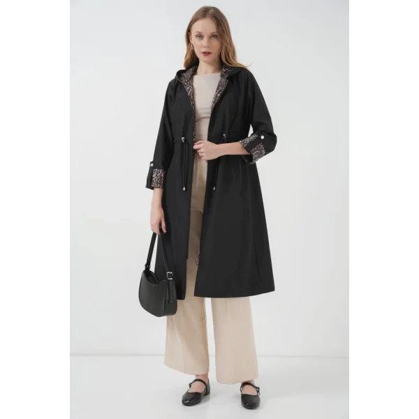 9091 Beli Büzgülü Kapşonlu Trençkot - Düz Siyah