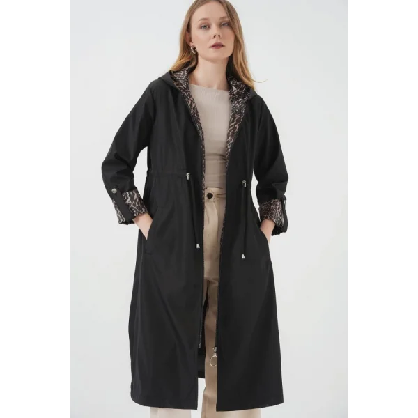 9091 Beli Büzgülü Kapşonlu Trençkot - Düz Siyah