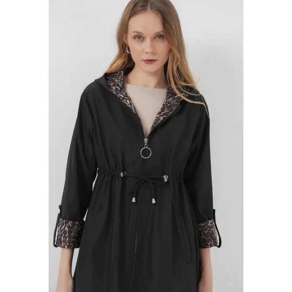 9091 Beli Büzgülü Kapşonlu Trençkot - Düz Siyah