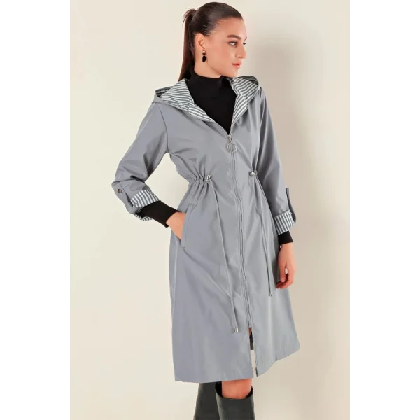 9091 Beli Büzgülü Kapşonlu Trençkot - Gri