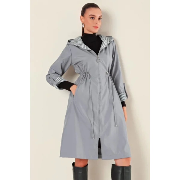 9091 Beli Büzgülü Kapşonlu Trençkot - Gri