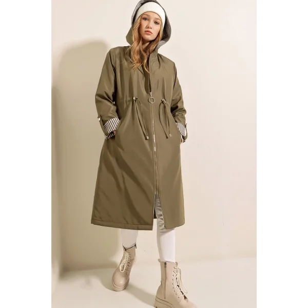 9091 Beli Büzgülü Kapşonlu Trençkot - Haki