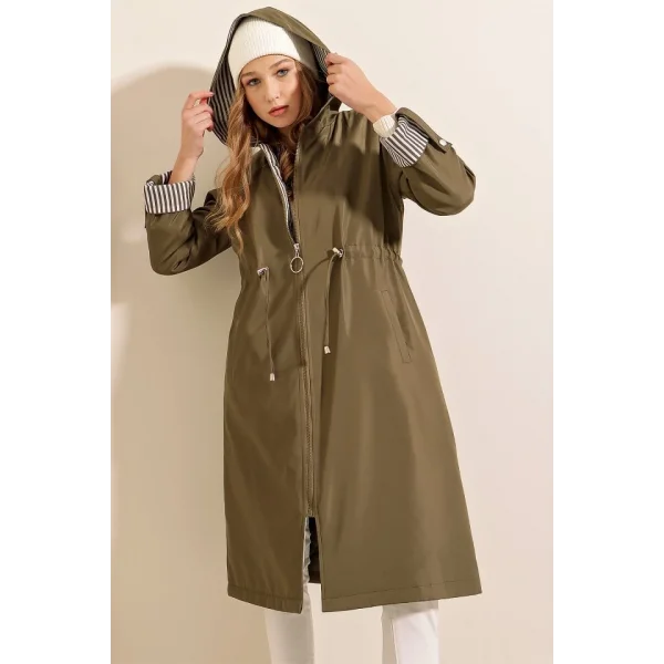 9091 Beli Büzgülü Kapşonlu Trençkot - Haki