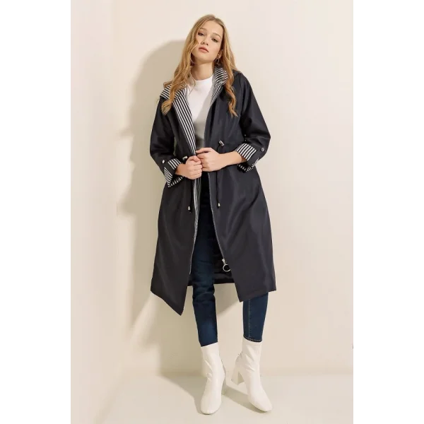 9091 Beli Büzgülü Kapşonlu Trençkot - Lacivert