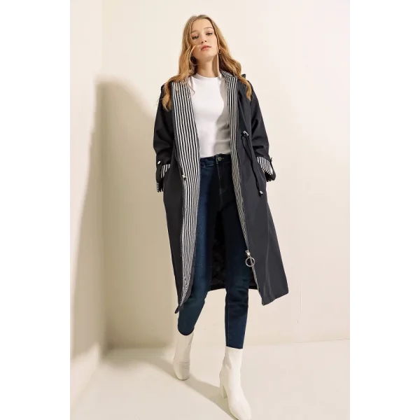 9091 Beli Büzgülü Kapşonlu Trençkot - Lacivert