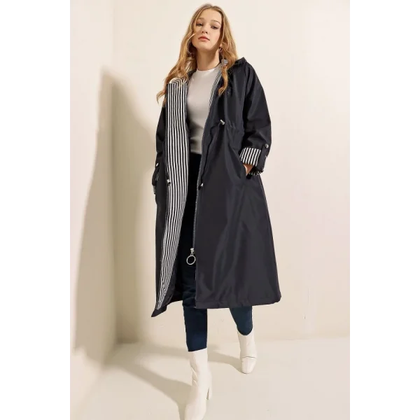 9091 Beli Büzgülü Kapşonlu Trençkot - Lacivert