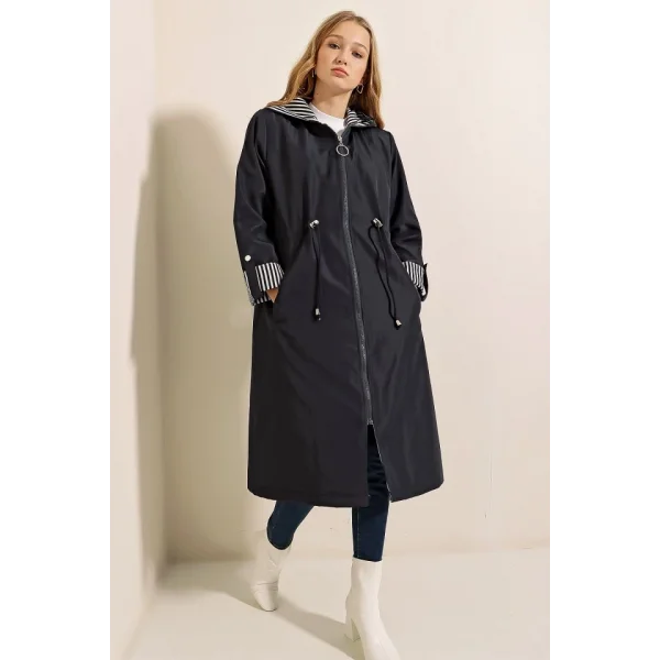 9091 Beli Büzgülü Kapşonlu Trençkot - Lacivert