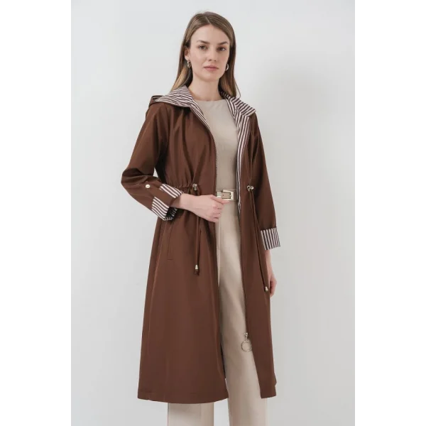 9091 Beli Büzgülü Kapşonlu Trençkot - M. Kahverengi