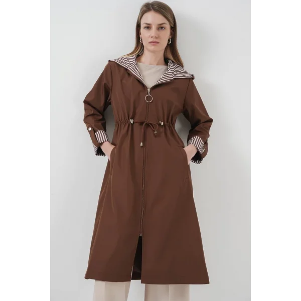 9091 Beli Büzgülü Kapşonlu Trençkot - M. Kahverengi