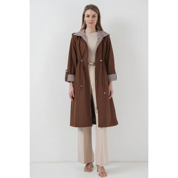 9091 Beli Büzgülü Kapşonlu Trençkot - M. Kahverengi
