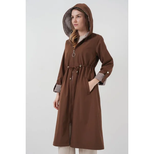 9091 Beli Büzgülü Kapşonlu Trençkot - M. Kahverengi