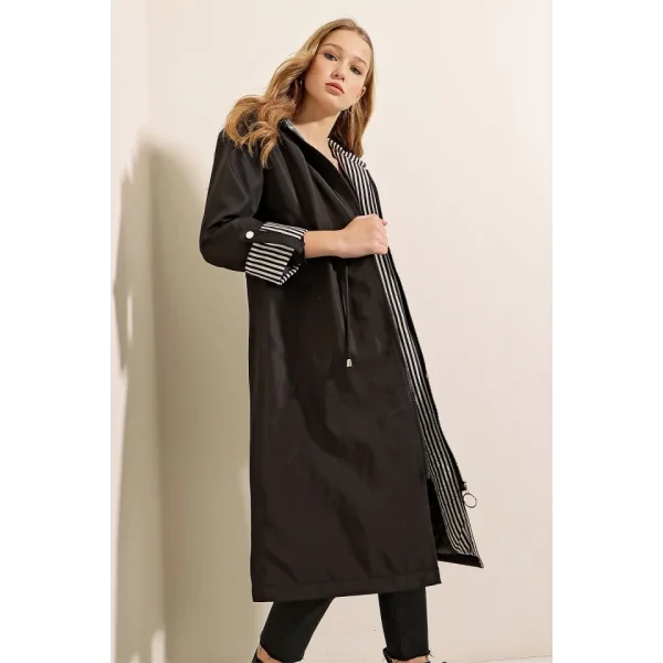 9091 Beli Büzgülü Kapşonlu Trençkot - Siyah