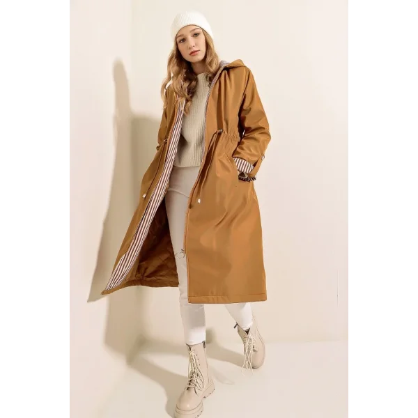 9091 Beli Büzgülü Kapşonlu Trençkot - Taba