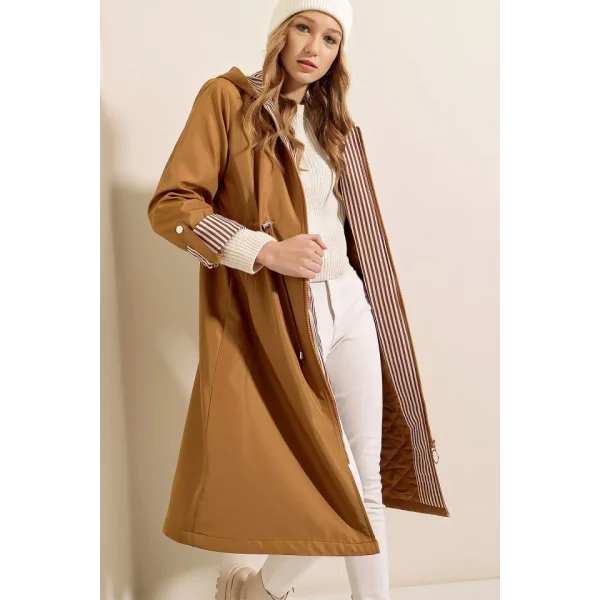 9091 Beli Büzgülü Kapşonlu Trençkot - Taba