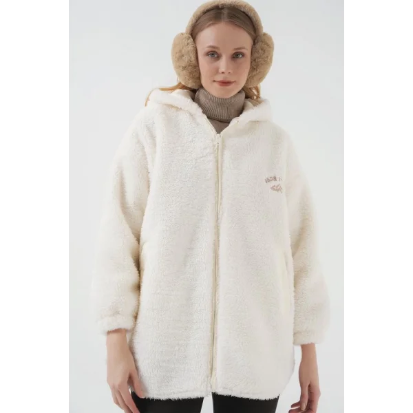 9102 Oversize Kapüşonlu Beyaz Peluş Kaban