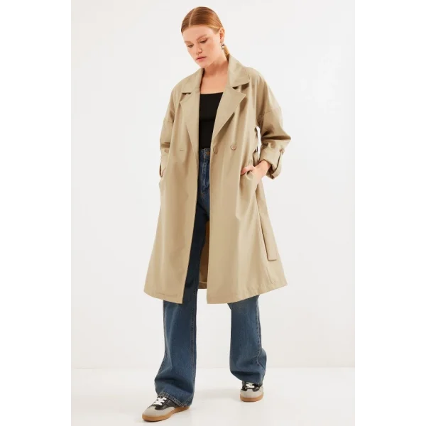 9104 Kruvaze Yaka Astarlı Trençkot - A.Haki