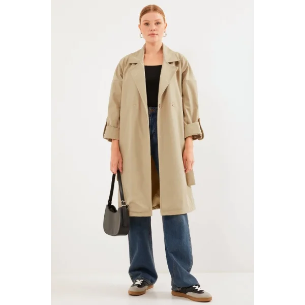 9104 Kruvaze Yaka Astarlı Trençkot - A.Haki