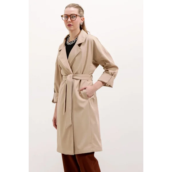 9104 Kruvaze Yaka Astarlı Trençkot - Bej