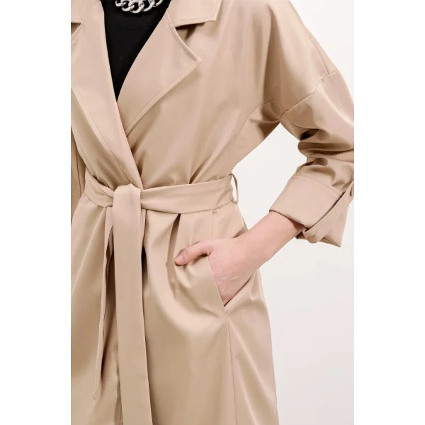 9104 Kruvaze Yaka Astarlı Trençkot - Bej