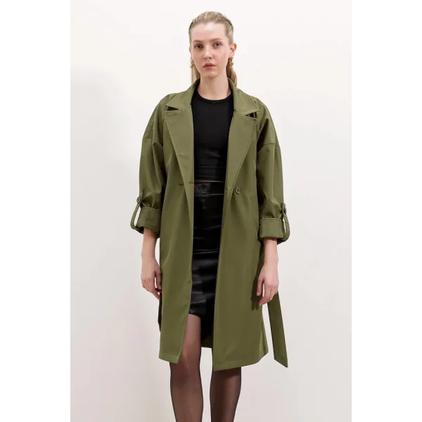 9104 Kruvaze Yaka Astarlı Trençkot - Haki