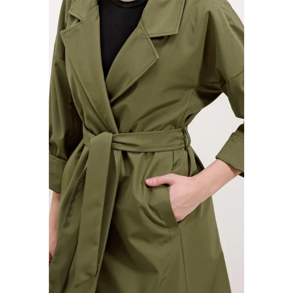 9104 Kruvaze Yaka Astarlı Trençkot - Haki