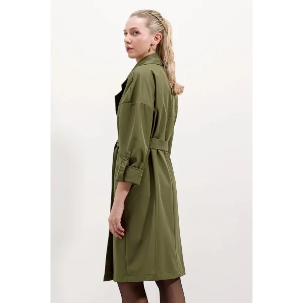 9104 Kruvaze Yaka Astarlı Trençkot - Haki