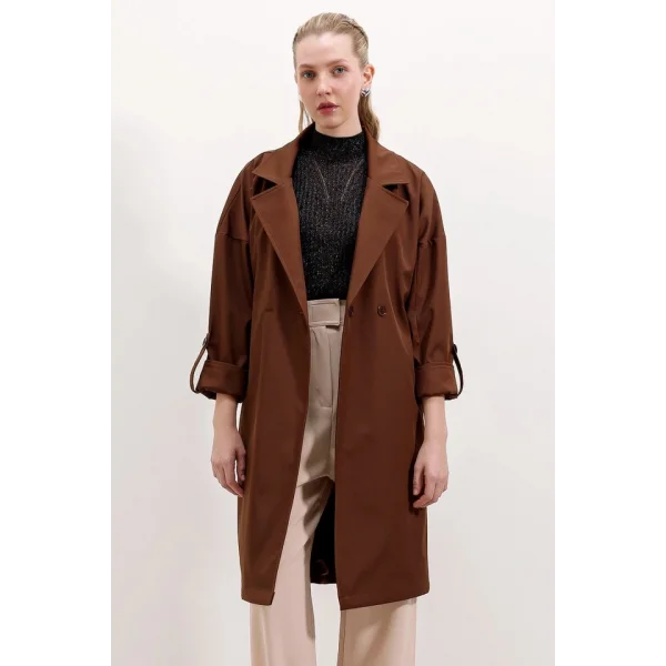 9104 Kruvaze Yaka Astarlı Trençkot - Kahverengi