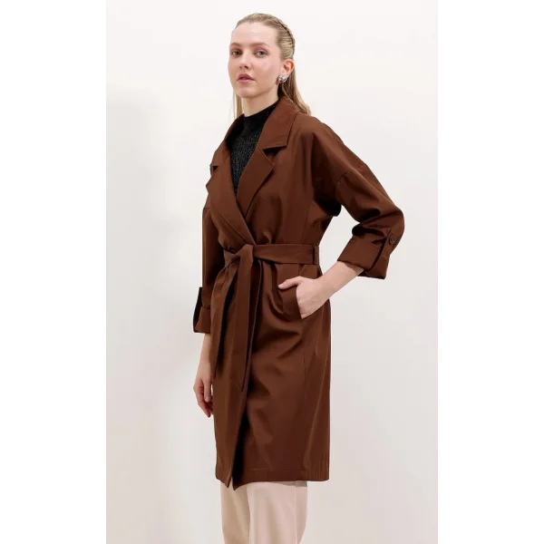 9104 Kruvaze Yaka Astarlı Trençkot - Kahverengi