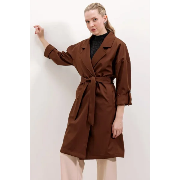 9104 Kruvaze Yaka Astarlı Trençkot - Kahverengi