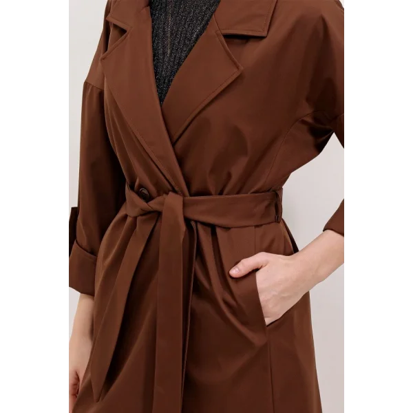 9104 Kruvaze Yaka Astarlı Trençkot - Kahverengi