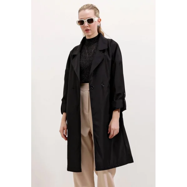 9104 Kruvaze Yaka Astarlı Trençkot - Siyah