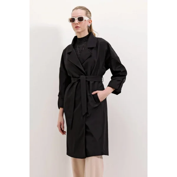 9104 Kruvaze Yaka Astarlı Trençkot - Siyah