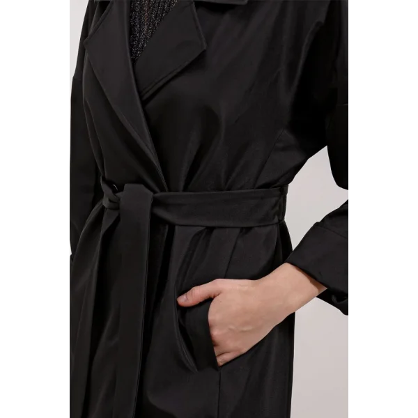 9104 Kruvaze Yaka Astarlı Trençkot - Siyah