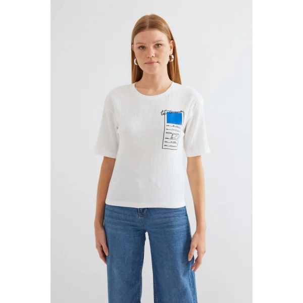 911 Baskılı Örme Basic Tişört - Mavi