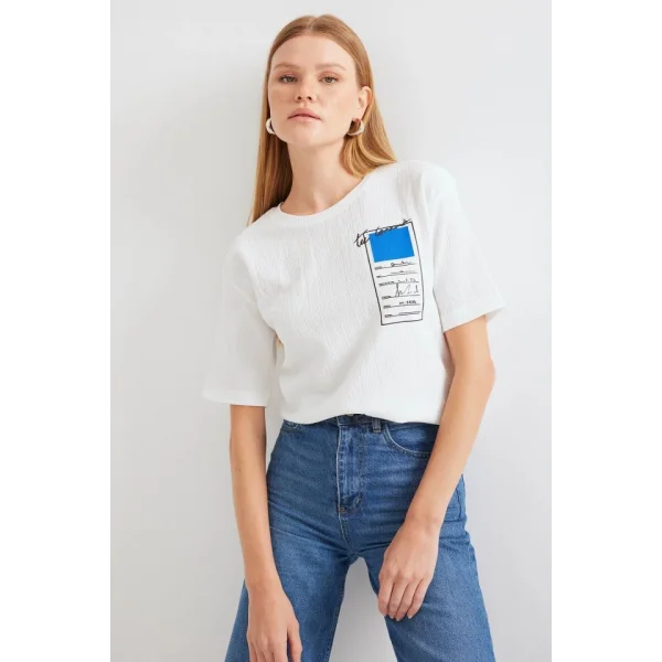 911 Baskılı Örme Basic Tişört - Mavi