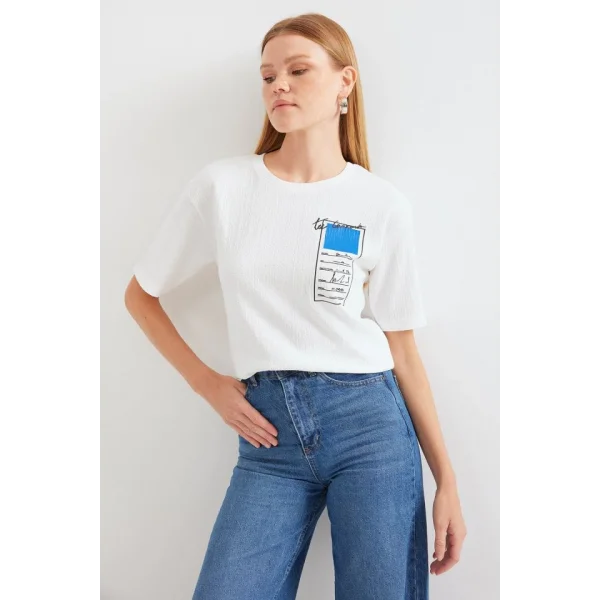 911 Baskılı Örme Basic Tişört - Mavi